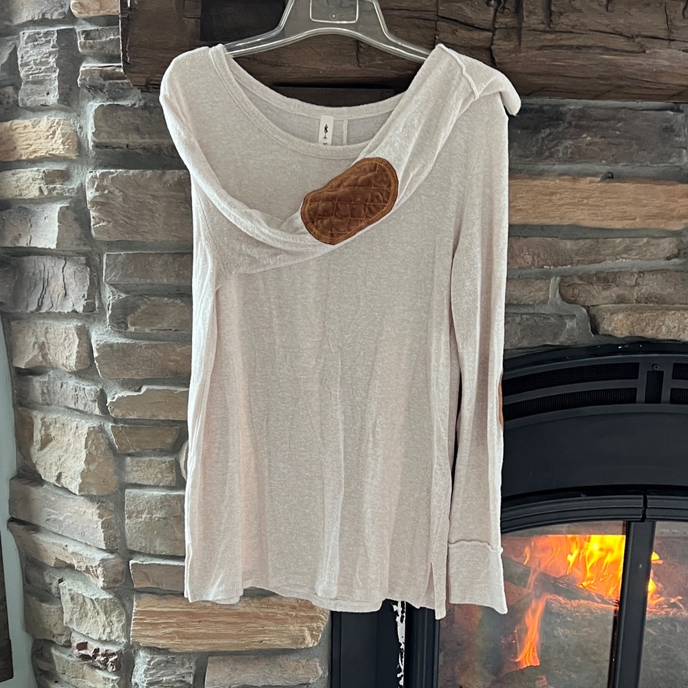 Vanilla Bay Cream Long Sleeve Hooded Top with Brown Elbow Patch